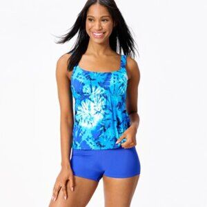 Kim Gravel Swimsuit - Scoop Neck Tankini w/ Bike Shorts - Blue Multi - Size 12